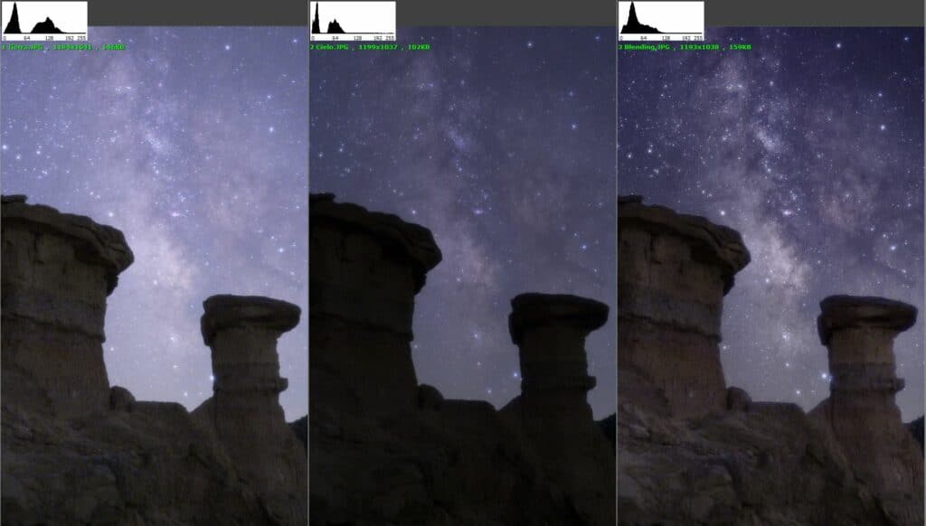 Dos exposiciones para astrofotografia de paisaje, cielo y tierra, y después la imagen resultante de la fusión (blending)
