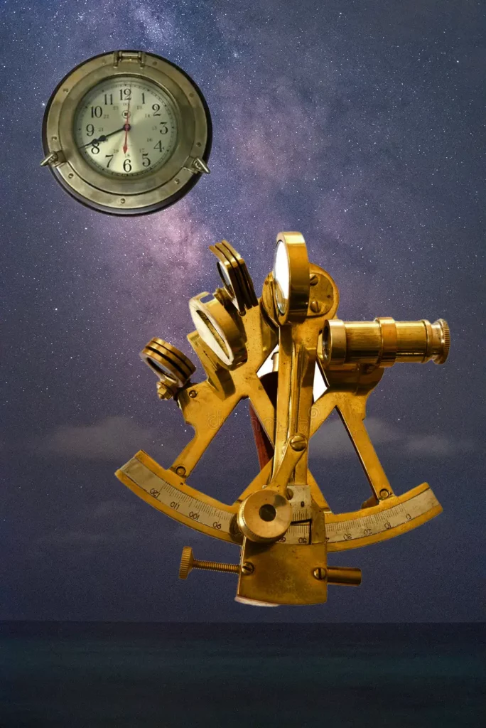 Mar de noche con sextante y cronómetro náutico