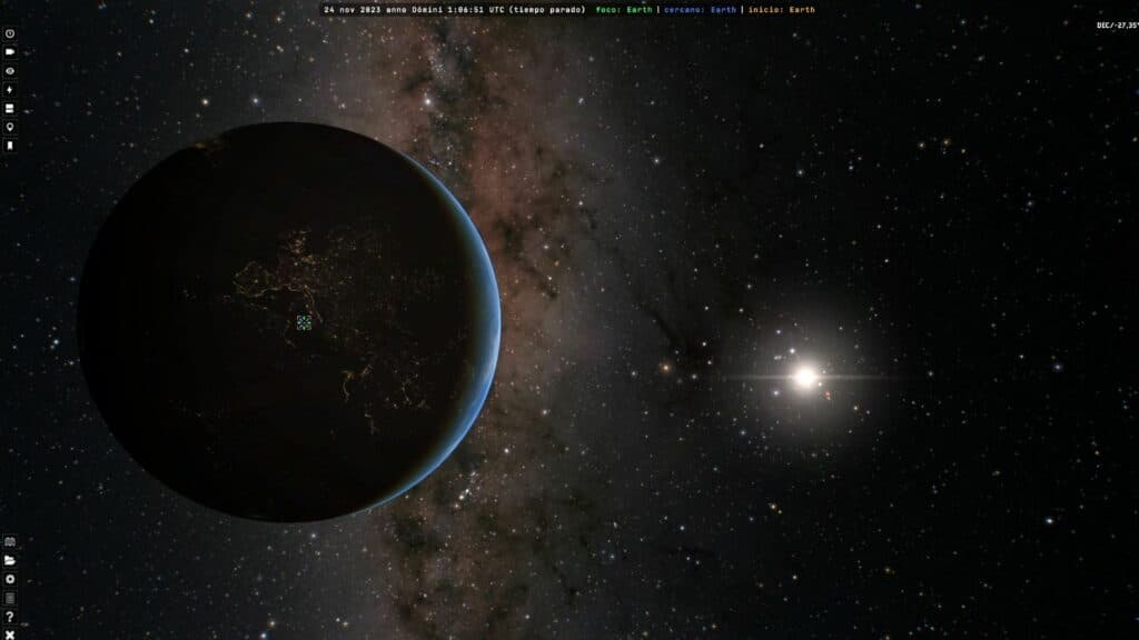 pantalla del programa Gaia Sky donde se ve la tierra, la Vñia Láctea y el Sol desde el espacio